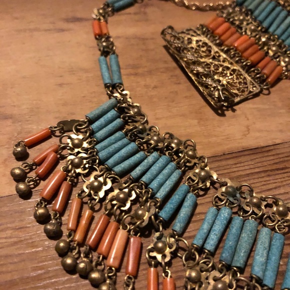 1920s Egyptian Revival brass & faience beads - Picture 3 of 7